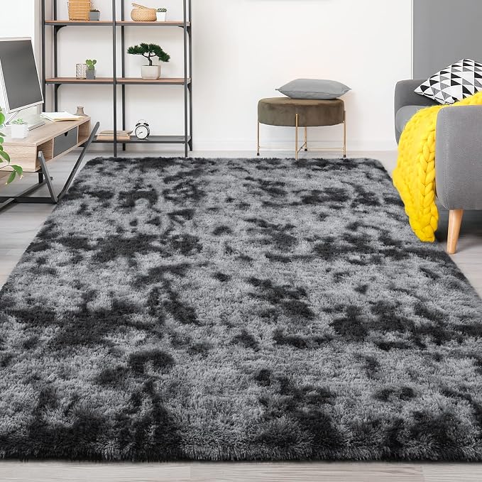 FlyDOIT Large Area Rugs for Living Room, 5x8 Feet Tie-Dyed Dark Grey Shaggy Rug - Image 9