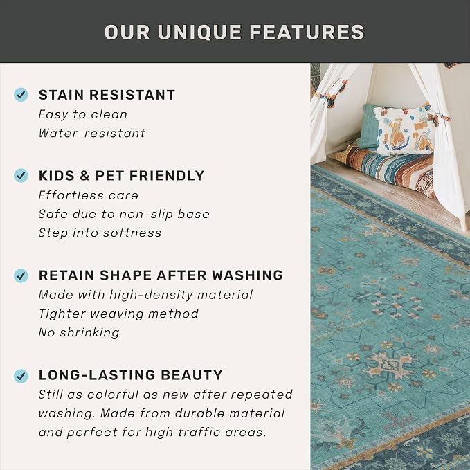 Large Boho 8x12 Teal Green Washable Living Room Rug - Image 7