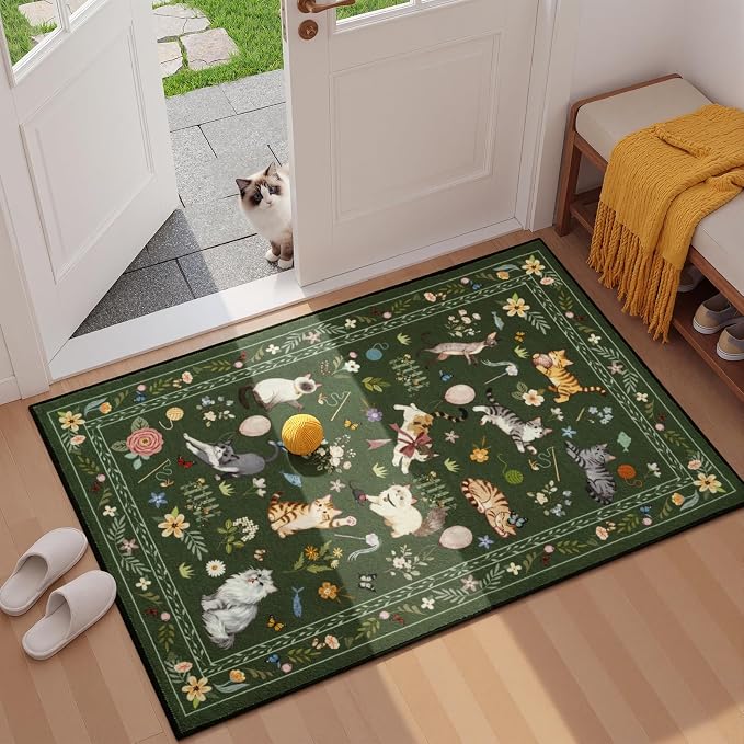 Unirea 2x3 Small Dark Green Washable Cat Area Rug, Door Mat Indoor Entrance Rug by UNIREA