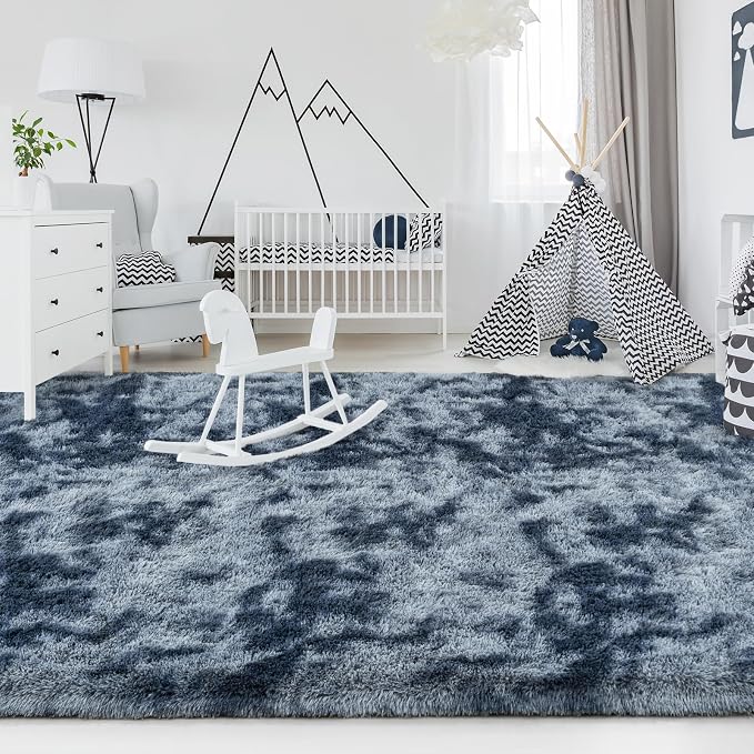FlyDOIT Large Area Rugs for Living Room, 4x6 Feet Tie-Dyed Blue Grey Shaggy Rug - Image 4
