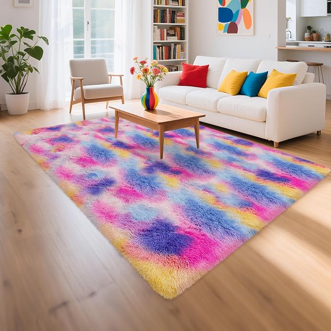 Rainbow Area Rugs 5x8 ft, Tie-Dyed Unicorn Fluffy Fuzzy Shaggy Carpet Soft - Image 2