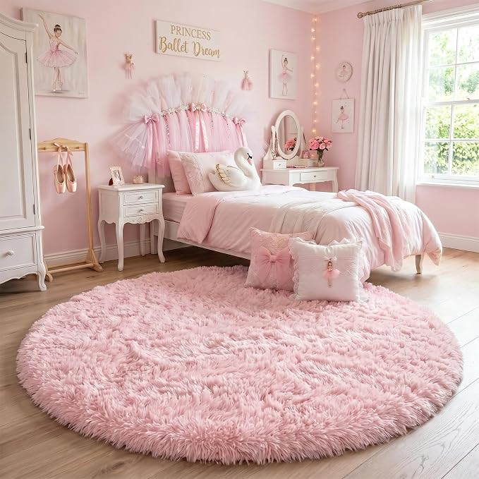 Pink Fluffy Round Rug 5Ft for Girls Bedroom Decor Aesthetic, Shaggy Circle Area - Image 6