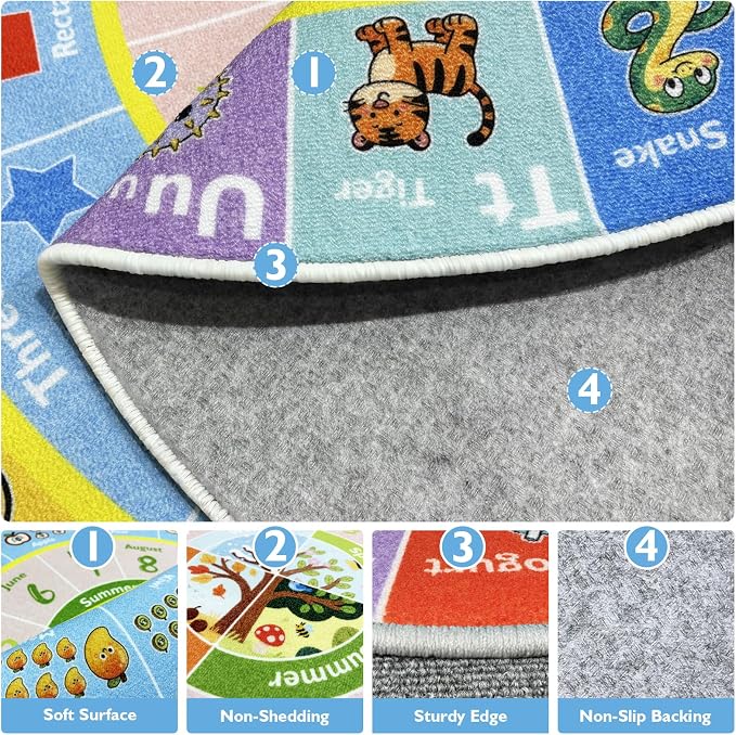 ABC Kids Rug for Playroom, 6ft Round Alphabet Small Classroom Rug, Non-Slip - Image 2