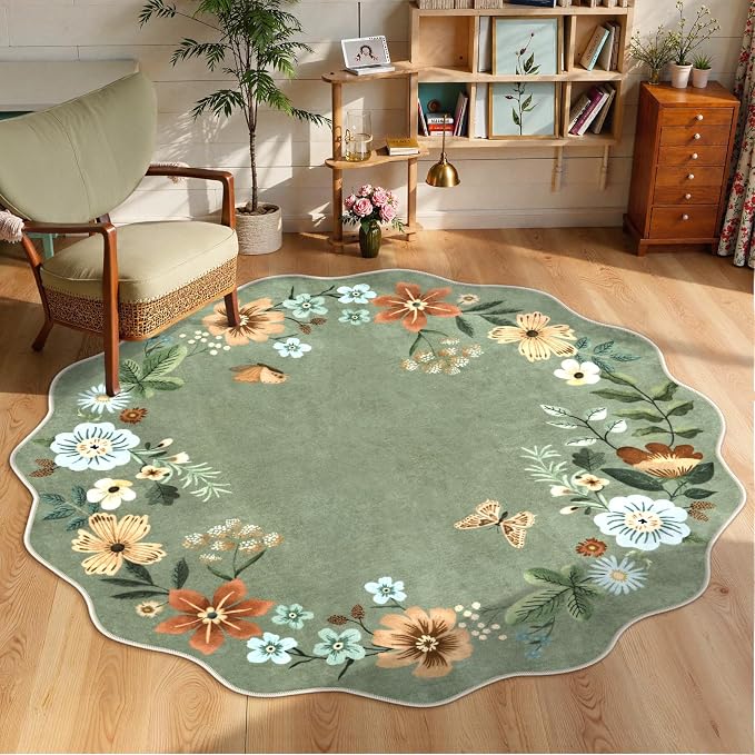 Lahome Floral Washable Round Area Rug, Soft Round Rugs 6ft Ultra-Thin Non-Slip by Lahome