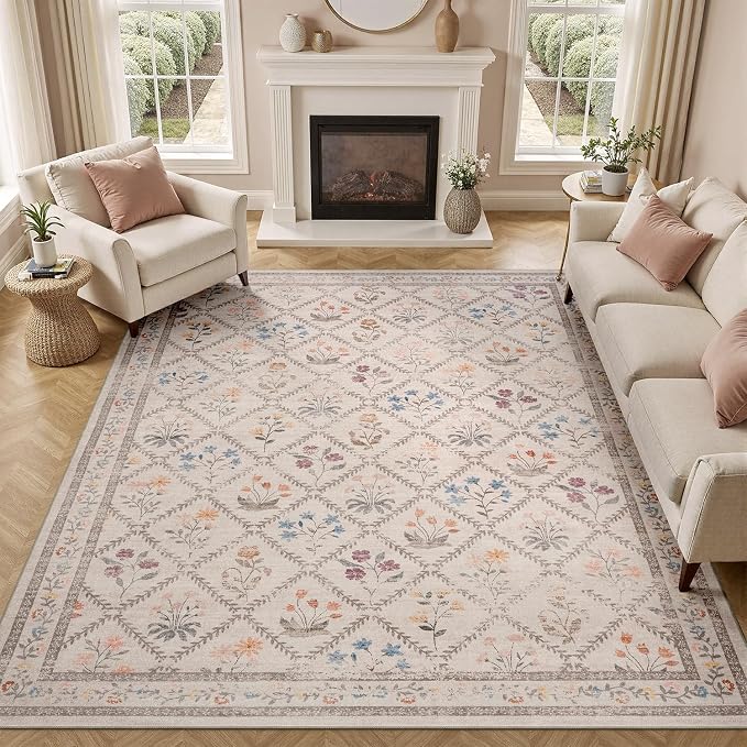 DCX Washable 5x7 Rose Biege Floral Rug - Image 2