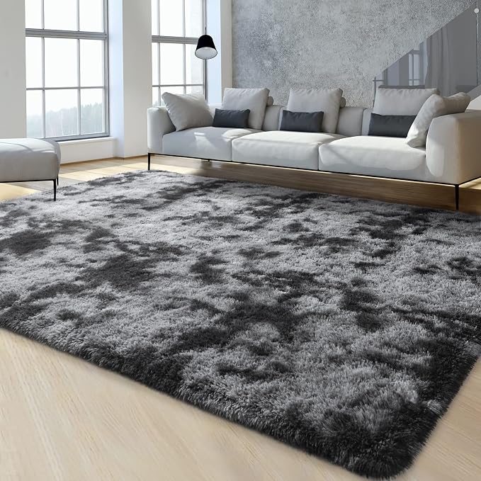 FlyDOIT Large Area Rugs for Living Room, 5x8 Feet Tie-Dyed Dark Grey Shaggy Rug - Image 8
