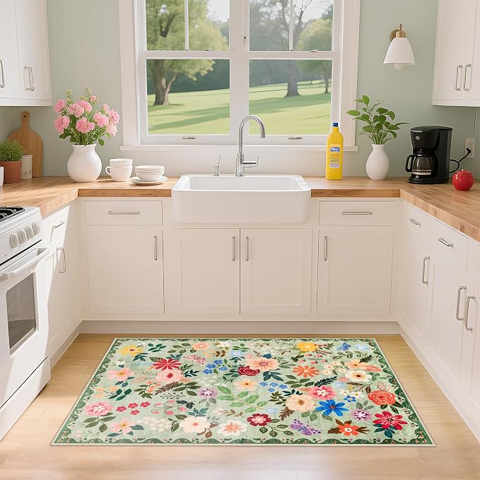 Entryway Rug 2X3 Small Rugs: Floral Washable Door Mat Vintage Soft Low Pile - Image 4