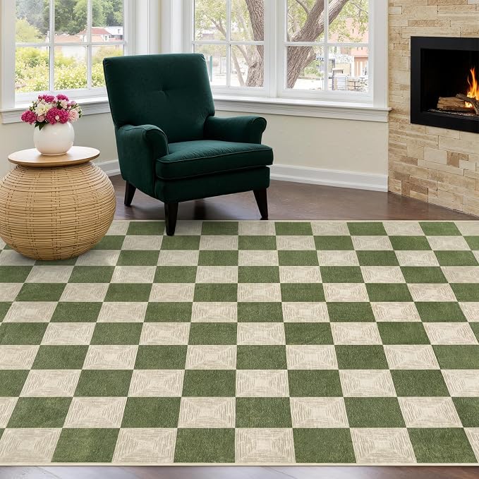 5x8 Checkered Washable Area Rug, Non-Slip Farmhouse Checkerboard Carpet by KiginaraArt