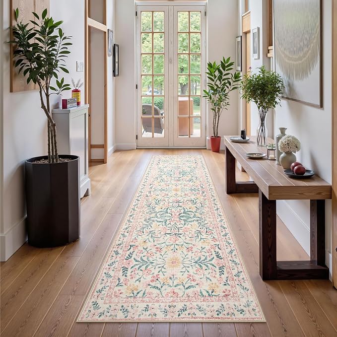 Wonnitar Floral Washable Runner Rug, Boho Non Slip Soft 8ft Long Carpet - Image 7