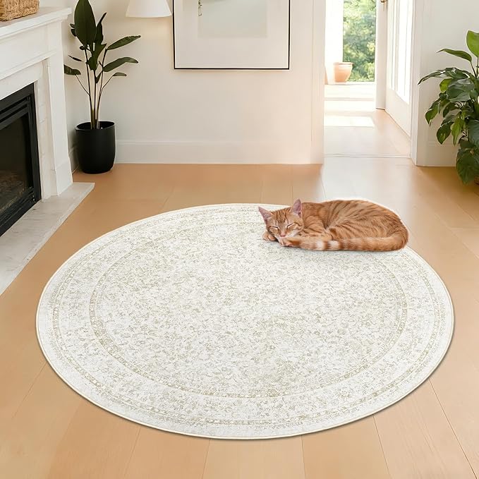 Round Rugs 4ft Vintage Floral Small Circle Rug, Washable Non Slip Soft Low Pile - Image 4