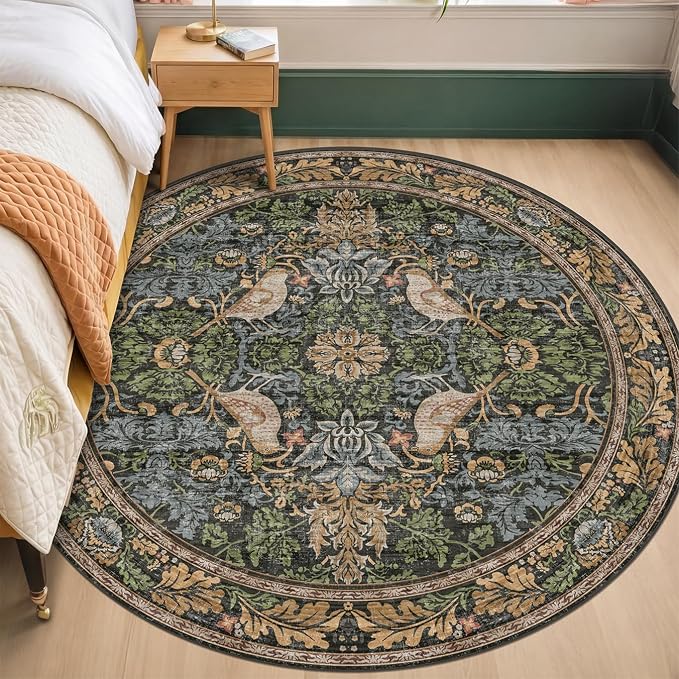 Washable Round Area Rugs 6ft for Living Room, Vintage Large Boho Floral Bird - Image 3