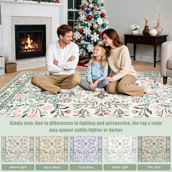 Round Area Rug for Living Room: 8 ft Floral Washable Circle Rug Soft Boho - Image 9