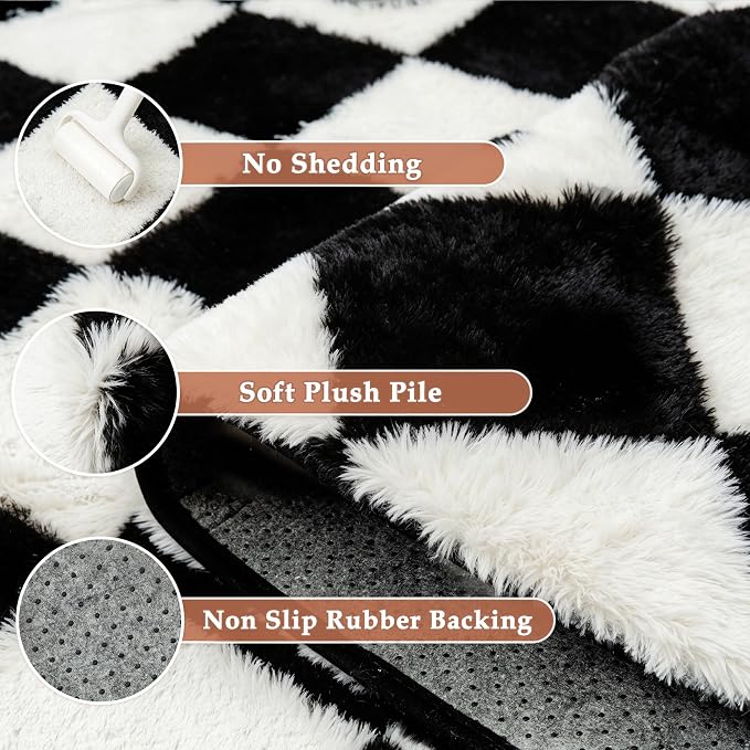 PureCozy Checkered Rug 5x8 Fluffy Shag Living Room Black and White Area Rug - Image 6