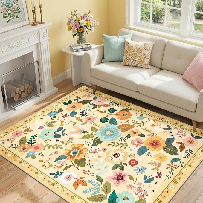 RELEANY Floral 4x6 Area Rugs Washable Print Boho Cute Carpet Non Slip Flower by RELEANY