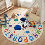 Astronaut Space Kids Round Rug 5ft, Washable Alphabet ABC Circle Carpet by KiginaraArt