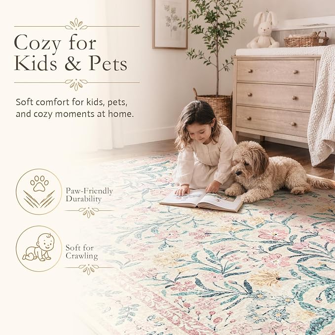 Wonnitar Washable Area Rug 6x9, Boho Non Slip Non-Shedding Pastel Nursery Carpet - Image 7