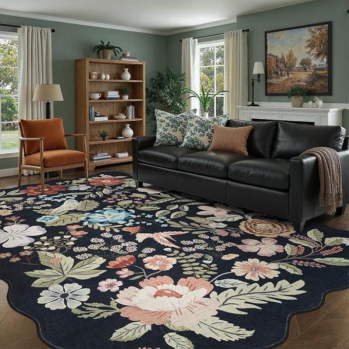 DCX Black Floral Rug 9x12, Washable Black Rug by DCXWashableRug