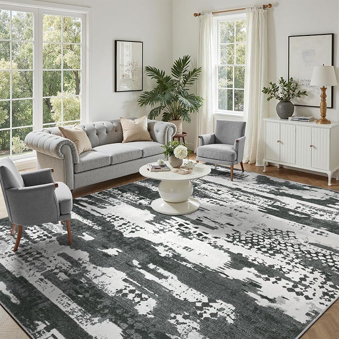 DCX Abstract Area Rug 8x10, Washable Black Modern Rug by DCXWashableRug