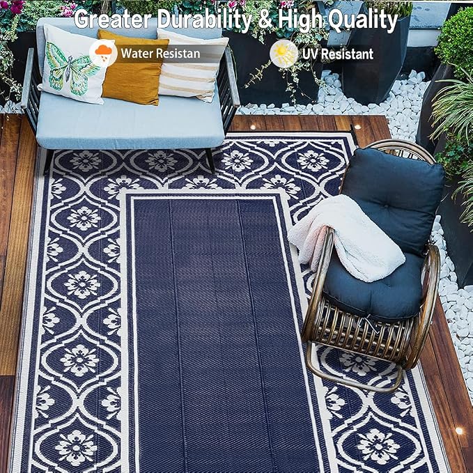 HUGEAR Outdoor Rug 8x10 Patio Camping Carpet Waterproof Mat Blue Outside - Image 4