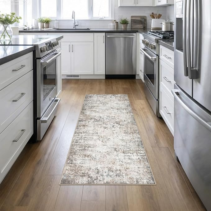 2'x6' Runner Rug Washable Rug: Modern Abstract Soft Thin Runner Rug Brown Grey - Image 3
