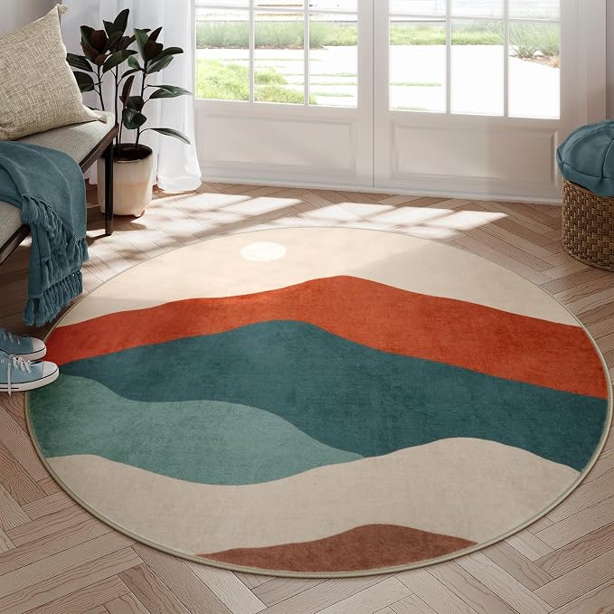 Mountain Round Rugs 6ft, Large Non Slip Circle Rug by Sungea