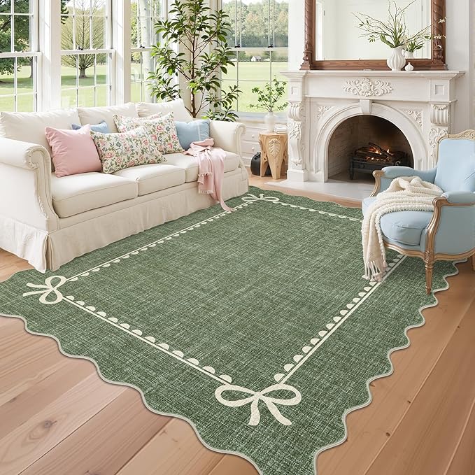 GarveeHome Scalloped Bow Rug for Living Room, Solid Green Rug for Dorm by GarveeHome