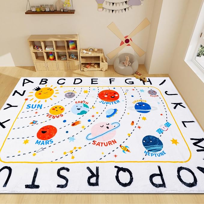 ABC Space Classroom Rug Elementary Rug, Soft Plush Educational Large Rugs by LTKOUGFAM