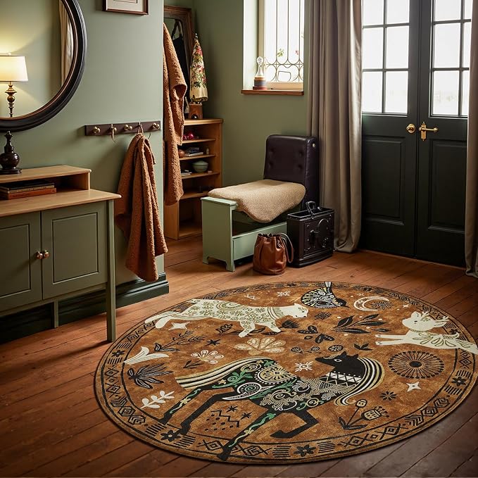 jinchan 5R Cute Round Rug Kids Washable Fun Rug Earthy Brown Starlit Boho - Image 8