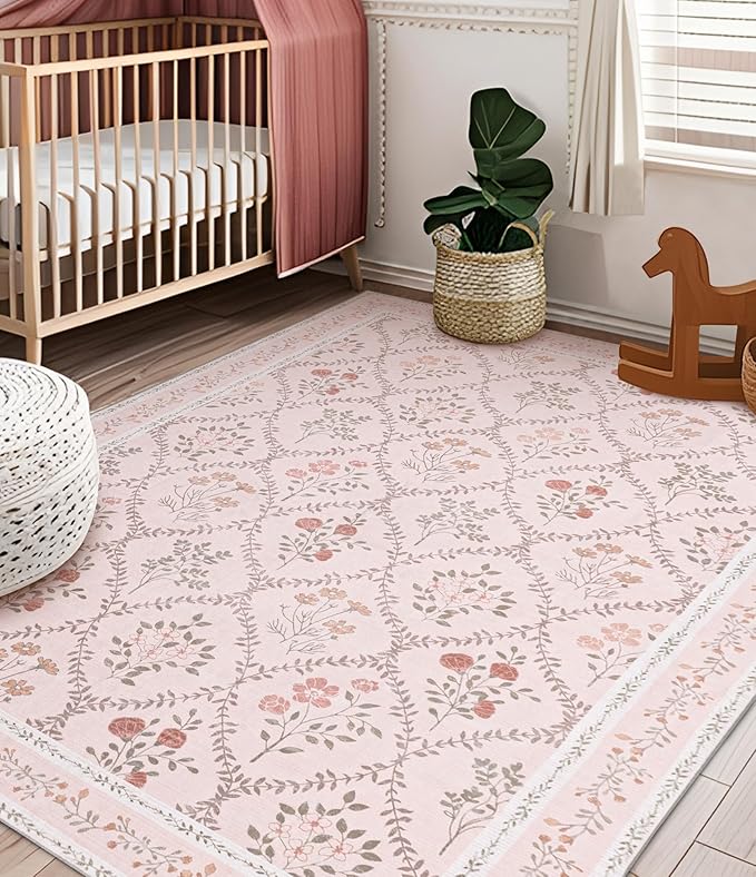 YIHOUSE Pink Floral Print Rugs, Moroccan Trellis 10x14 Washable Large Rug - Image 3