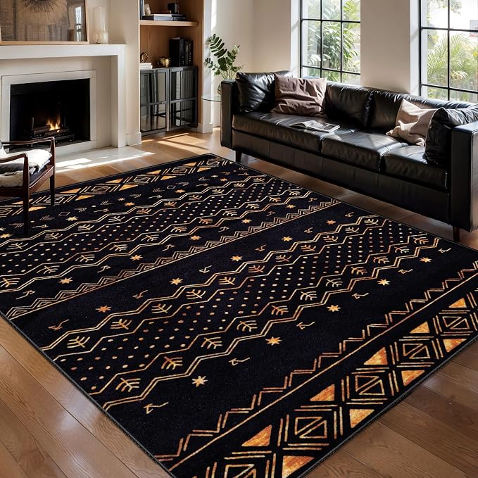 SERISSA 5x7 Area Rugs for Living Room, Washable Non-Slip Black and Gold Boho Rug by SERISSAHomeDecorCollection