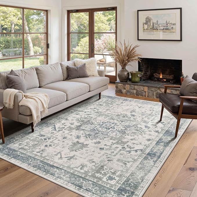 Rugxara Washable Area Rug for Living Room, Neutral Vintage Boho Rugs for Office by Rugxara