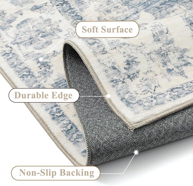 Neutral Kitchen Rug Set of 3 Washable Blue Vintage Kitchen Mats - Image 6