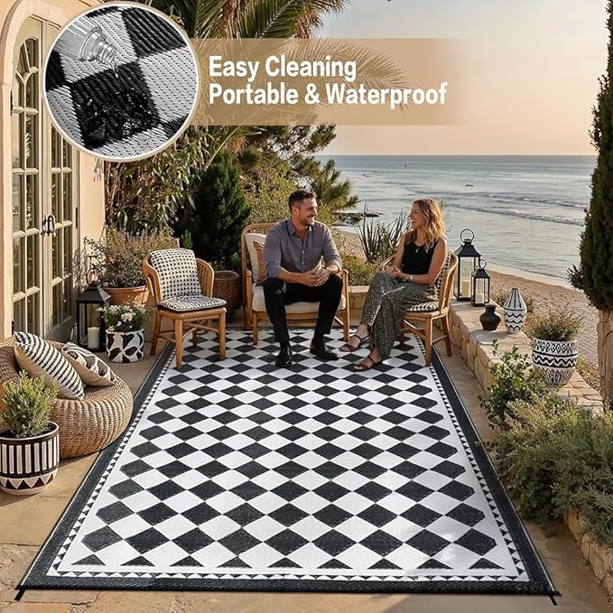 HUGEAR Outdoor Waterproof Rug 9'x12' Plastic Straw Rugs Washable Reversible - Image 5