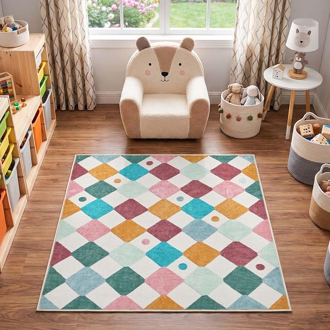 jinchan Macy Area Rug for Kids Room 4'x4' Square Rug Modern Colorful Nursery by JINCHAN