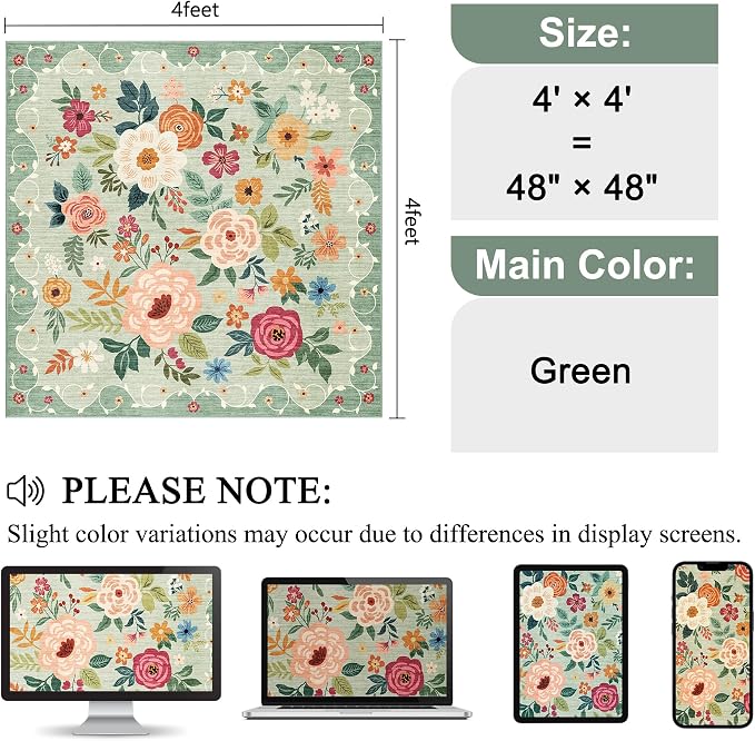 DUKINO 4x4 Square Area Rug, Floral Indoor Floor Washable Entryway Rug - Image 2