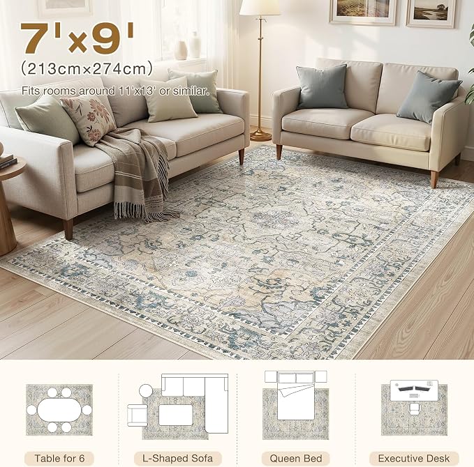 cotiled 7x9 Area Rug Machine Washable Vintage Carpet - Image 7