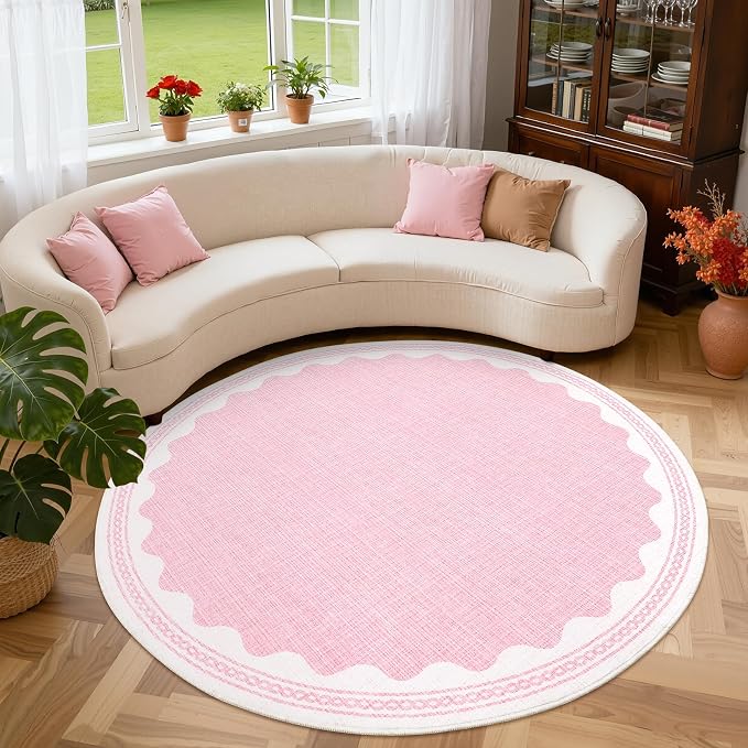 GarveeHome Scalloped Edge Solid Pink 6ft Round Rug Circle Modern Minimalism by GarveeHome