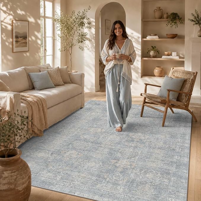 Rugxara 5x7 Area Rugs for Living Room Bedroom, Washable Blue Rug, Vintage - Image 3