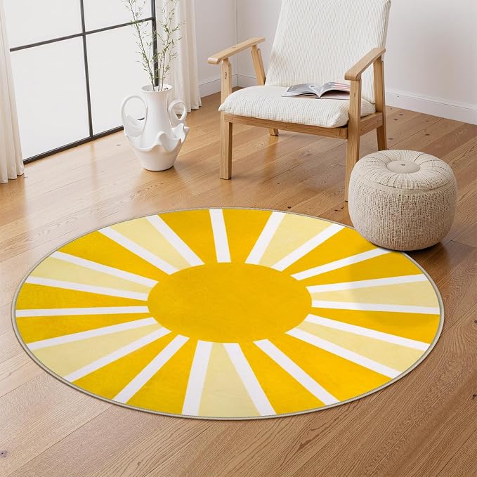 Lahome Yellow Rainbow Sun Round Rug: 3ft Washable & Non-Slip Low Pile - Image 6