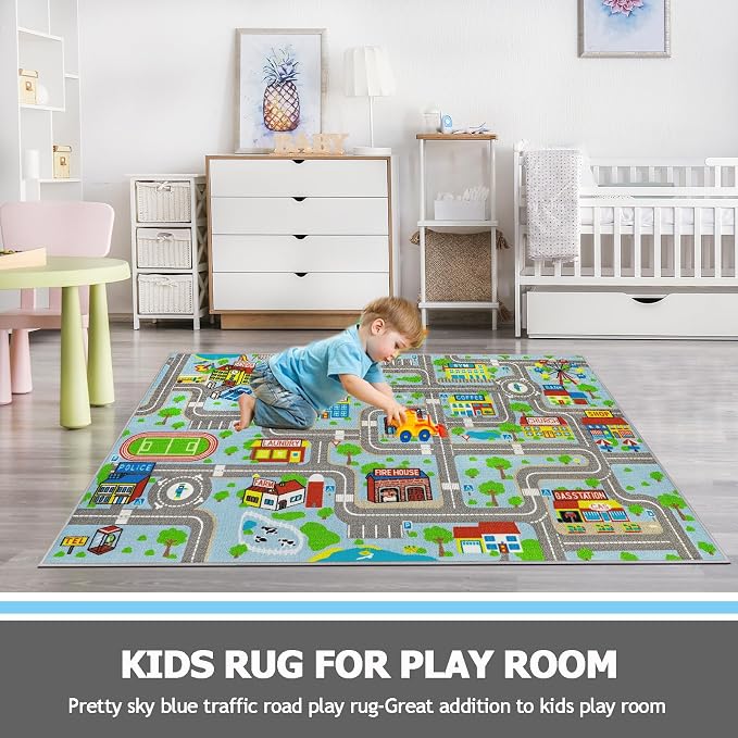 Capslpad Sky Blue Car Road Kid Rug Carpet Playmat - Image 7