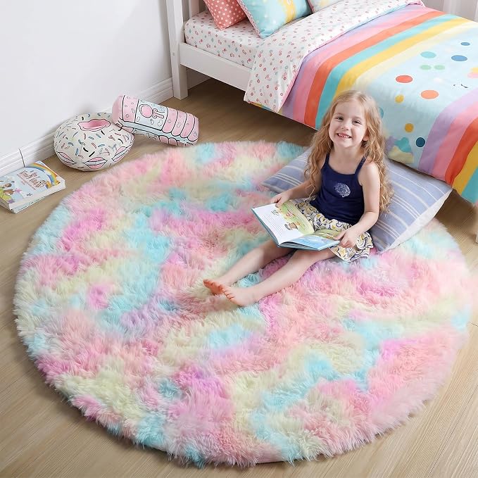 Amdrebio Rainbow Fluffy Round Rug 6Ft Kids Rugs by Amdrebio