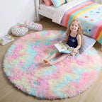 Amdrebio Rainbow Fluffy Round Rug 5Ft Kids Rugs by Amdrebio
