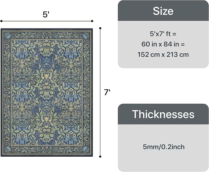 GENIMO 5x7 Washable Area Rug, Non-Slip Vintage Boho Floral Carpet, Soft - Image 2