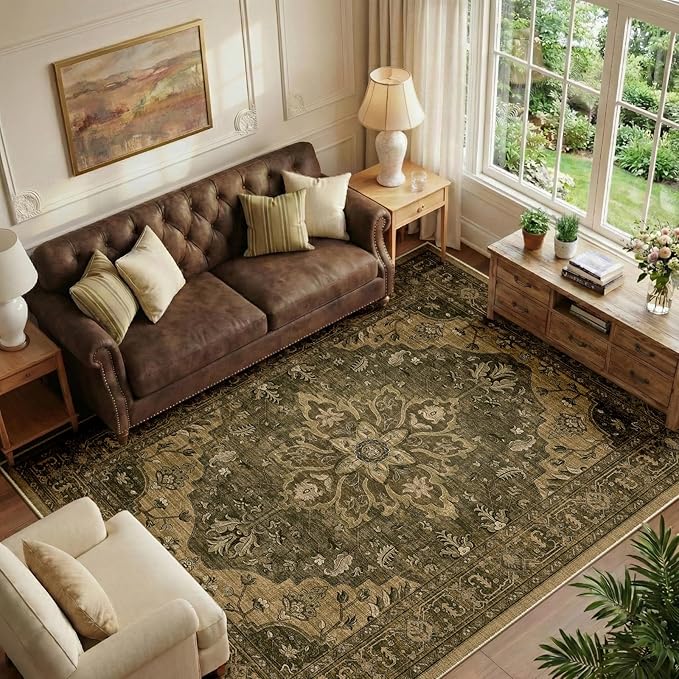 RELEANY Area Rugs 6'x8' Washable Non-Slip, Floral Vintage Distress Medallion by RELEANY