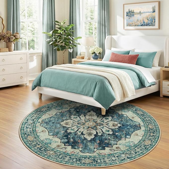 RELEANY Area Rugs Round 7ft Washable Non-Slip, Floral Vintage Distress - Image 2