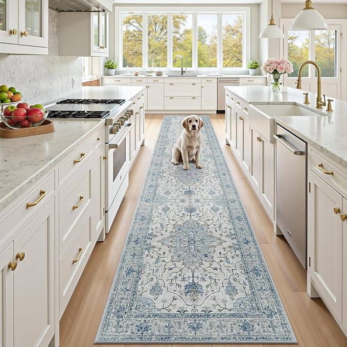 RELEANY Area Rugs Runner 2'6"x14' Washable Non-Slip, Floral Vintage Distress by RELEANY