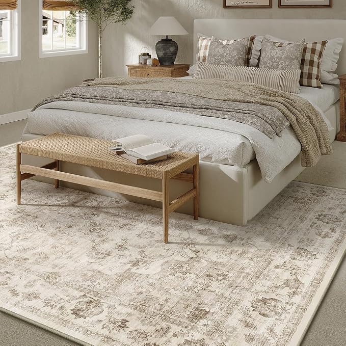 6x9 Washable Neutral Area Rug Beige Vintage Living Room Bedroom Carpet Non-Slip - Image 2
