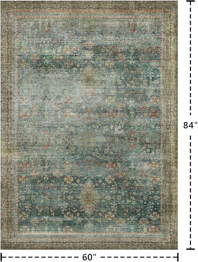 Latte&Fog 5x7 Area Rugs for Living Room, Vintage Green Washable Rug, Floral - Image 2