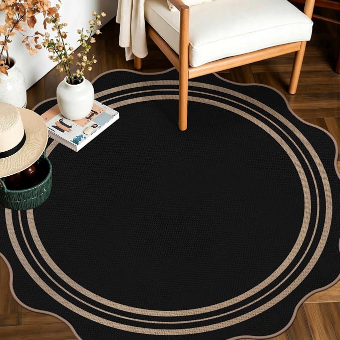 Scalloped Round Entryway Rug 4ft, Indoor Outdoor Patio Rug Washable Farmhouse by LORWER