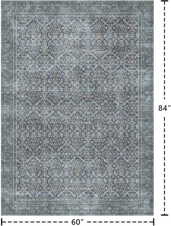 Latte&Fog 5x7 Area Rugs for Living Room, Vintage Blue Washable Rug, Boho Floral - Image 2